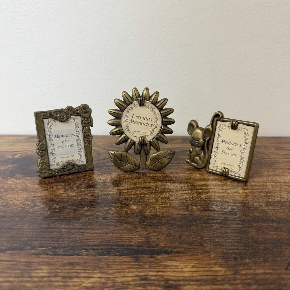Set Of 3 AMC Brass Miniature Picture Frames Sunflower Mouse Flowers USA